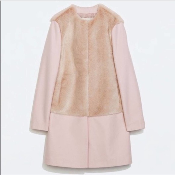 Zara pink wool peacoat faux fur S blogger fave Small - Picture 2 of 14